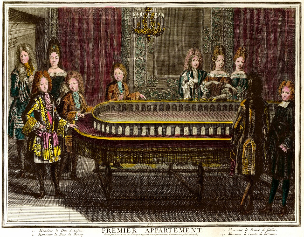 Philippe francia, Anjou hercege, majd spanyol király (1683-1746), Károly, Berry herceg (1686-1714) és walesi herceg portékán játszik XIV. Lajos első versailles-i lakásában – Antoine Trouvain metsze (1656) -1708) Magángyűjtemény - Cha alkotó: Antoine Trouvain