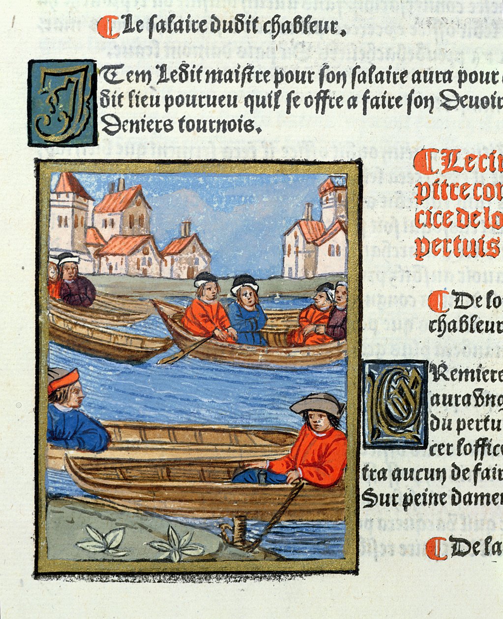 Révészek a Szajna folyón, az „Ordonnances Royaux de la Juridiction de la Prevote des Marchands de la Ville de Paris”-ból, 1528 (wc und gouache papíron) alkotó: Antoine Verard