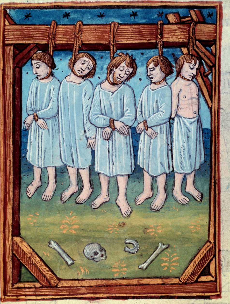 Öt férfit felakasztottak. Miniatűr Saint Denis Paris „” krónikáiban, Antoine Verard alkotó: Antoine Verard