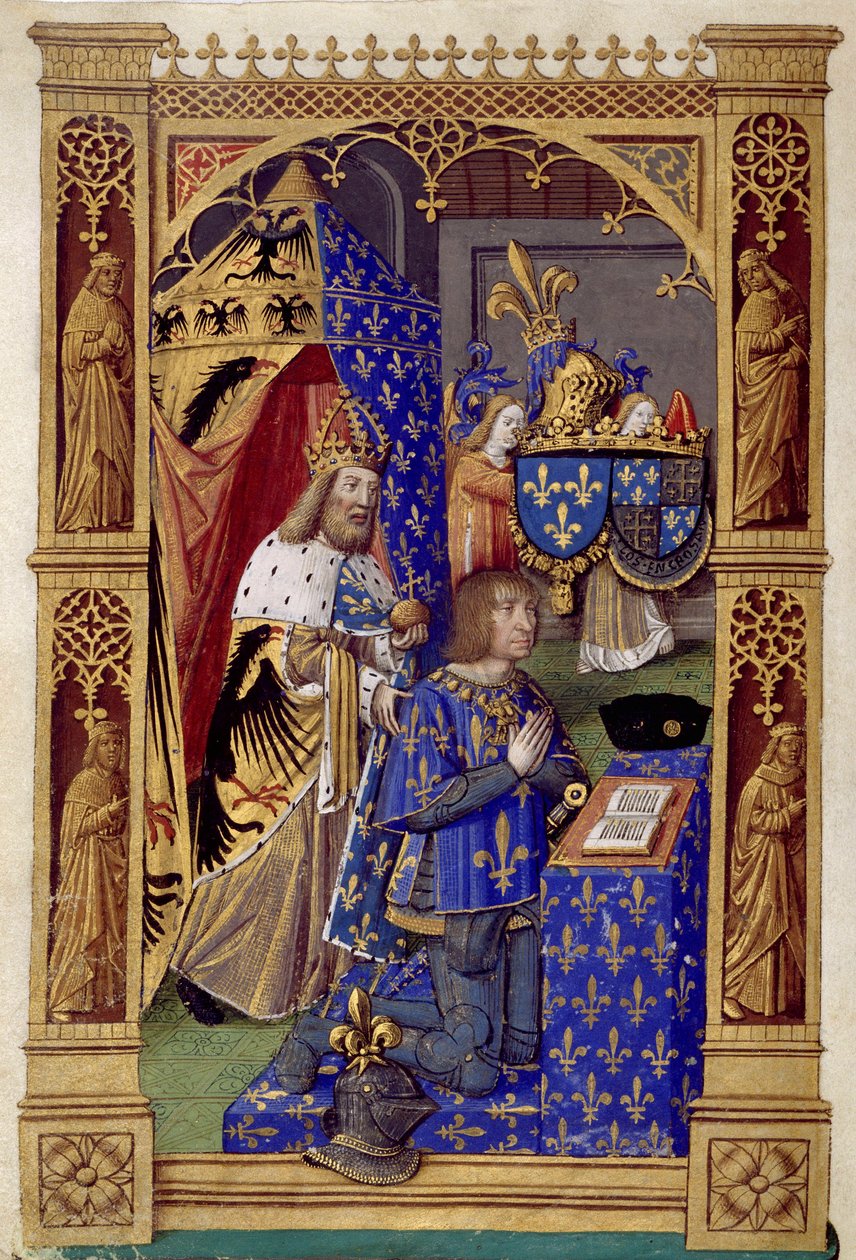 XII. Lajos francia király (1462-1515) imában Nagy Károlyral a háta mögött – Antoine Verard (1485-1512) miniatúrája "VIII. Károly óráinak könyvében" alkotó: Antoine Verard