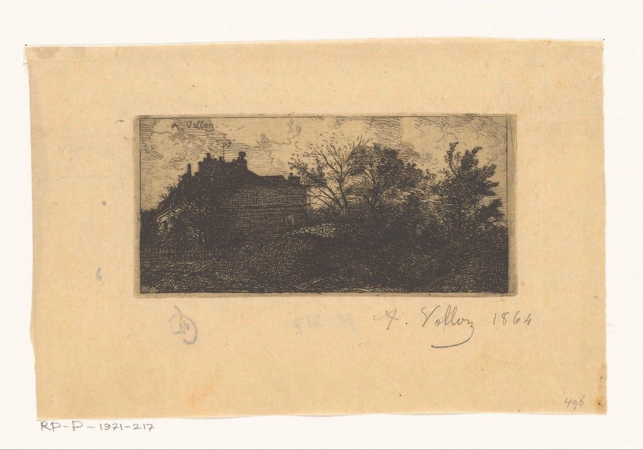 Táj házakkal a kerítés mögött és fákkal az előtérben alkotó: Antoine Vollon (signed by artist)