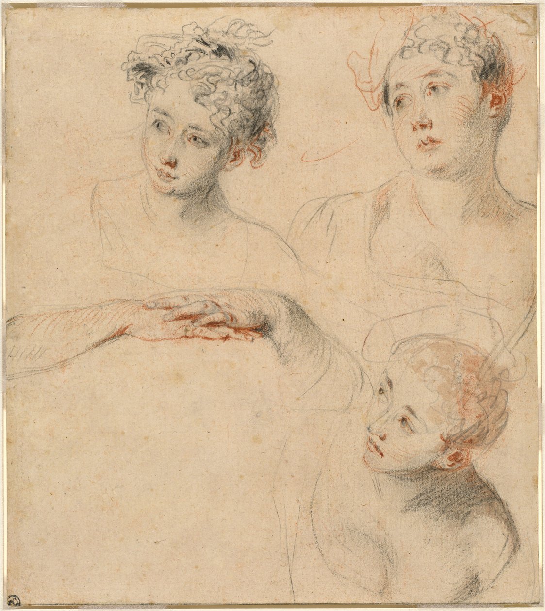 Három tanulmány egy női fejről és egy tanulmány a kezekről [recto] alkotó: Antoine Watteau
