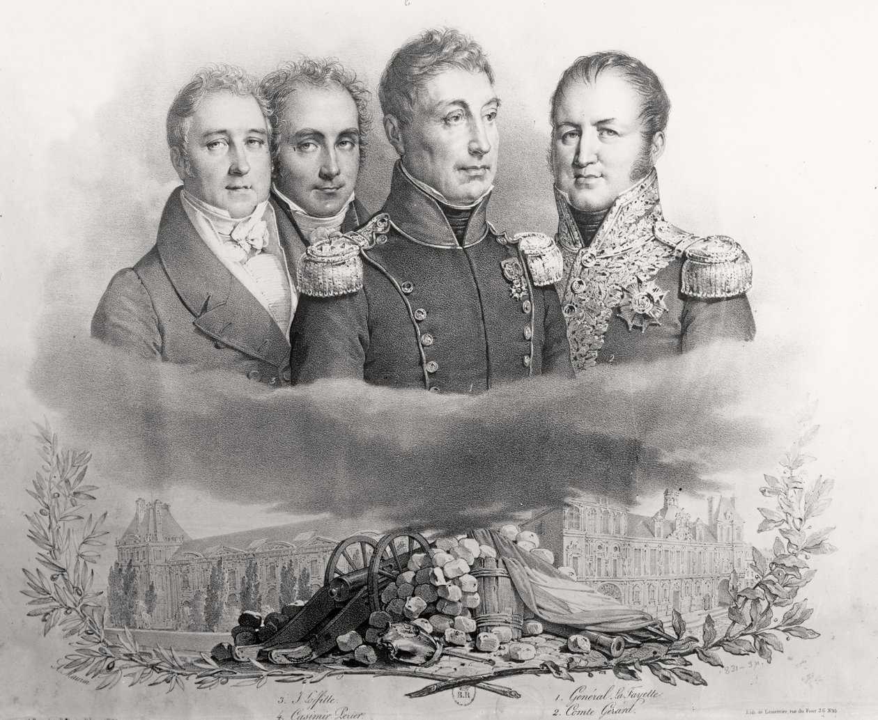 Az 1830. július 29-i ideiglenes kormány. L to R: Jacques Lafitte (1767-1844), Casimir Perier (1777-1832), Lafayette tábornok (1757-1834) és Comte Etienne Maurice Gerard (1773-1852) 1831 alkotó: Antoine Maurin