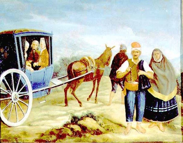 Nemesek a Rohan mester címerét viselő máltai kalászban, máltai parasztok mellett haladnak el az út szélén. alkotó: Antoine de (circle of) Favray