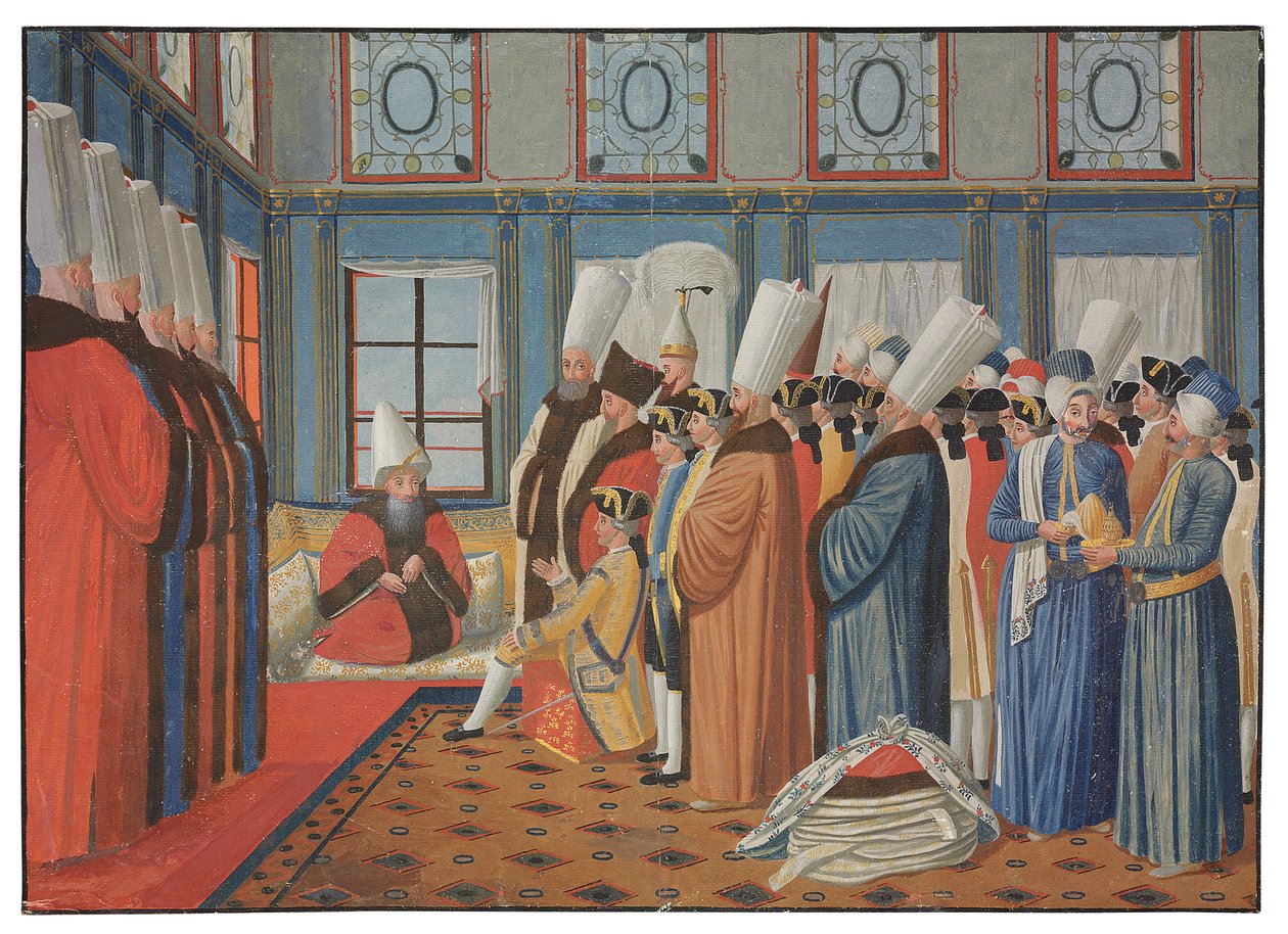 De Vergennes gróf, XV. Lajos nagykövetének bemutatása Reis Effendinek, az oszmán szultán nagyvezírjének, "Uthman III" 1755. május 31-én alkotó: Antoine de Favray