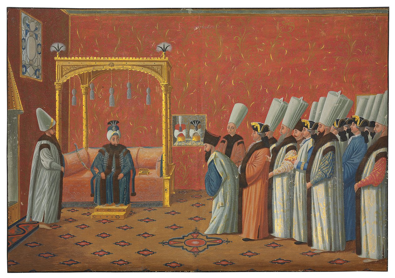 De Vergennes gróf, XV. Lajos nagykövetének bemutatása III. Uthman szultánnak a Topkapi palota tróntermében 1755. június 3-án alkotó: Antoine de Favray