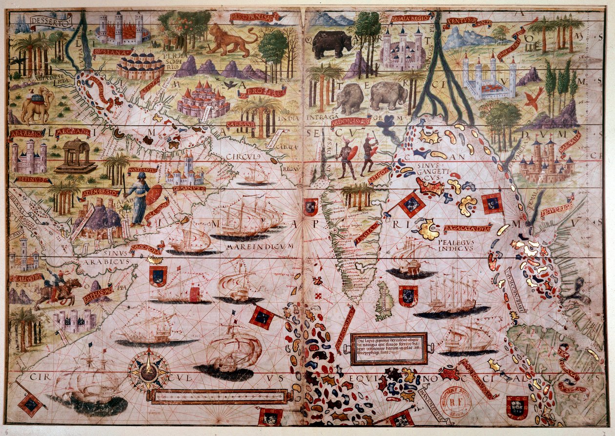 Az Indes portugál tengeri atlasz. Pierre és Georges Reinel, Lopo Homem (térképészek) és Antoine de Hollande (miniaturista) 1519-ben készített Atlas Miller kéziratának oldala. 16. század. Paris, B N. alkotó: Antoine de Hollande