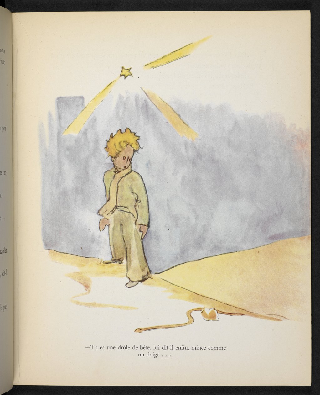 "Furcsa egy állat vagy, mondta neki végül, vékony, mint egy ujj", illusztráció Antoine de Saint-Exupéry "Le Petit Prince" című művéből. alkotó: Antoine de Saint Exupery