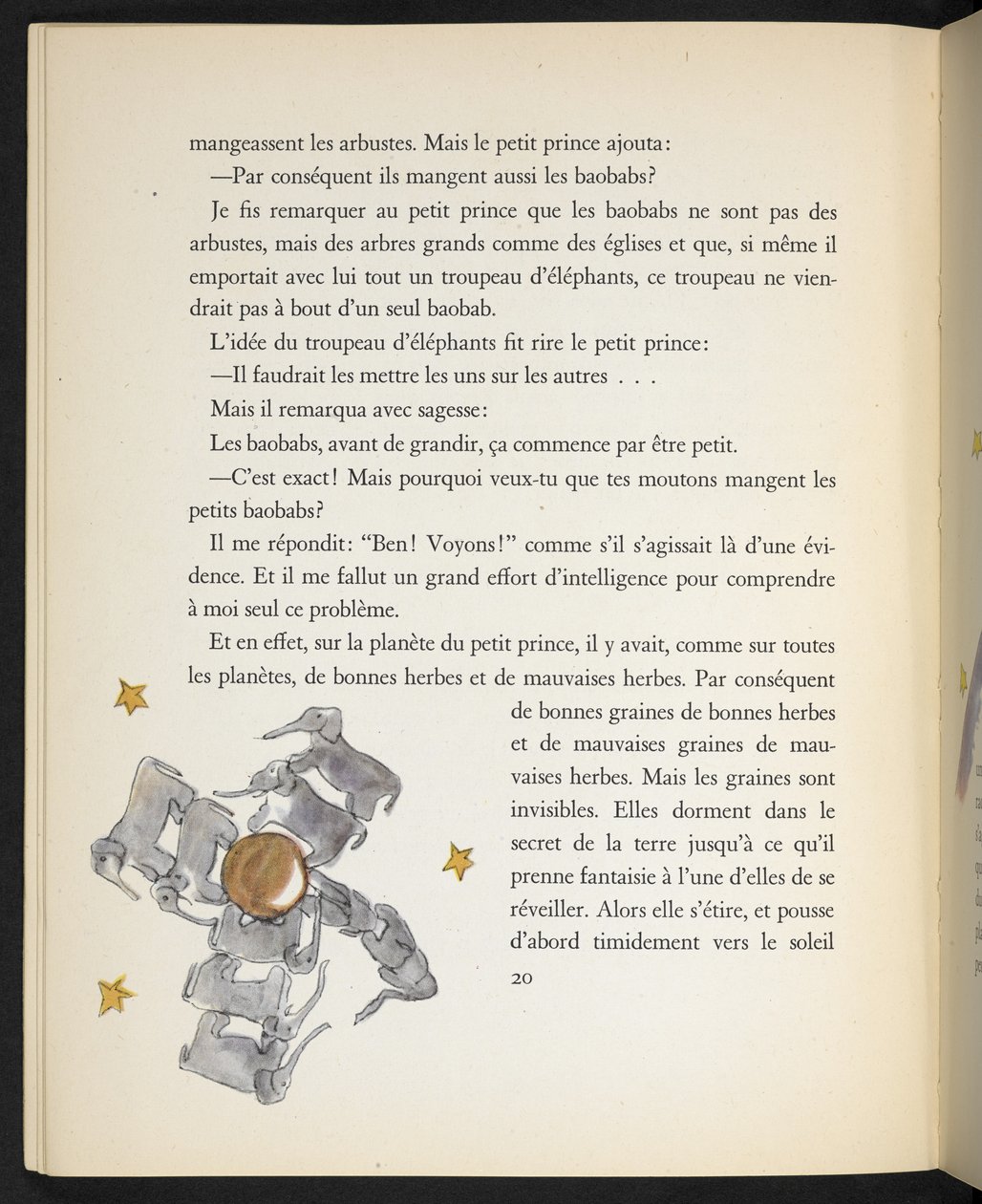 Elefántok, illusztráció Antoine de Saint-Exupéry "Le Petit Prince" című művéből. alkotó: Antoine de Saint Exupery