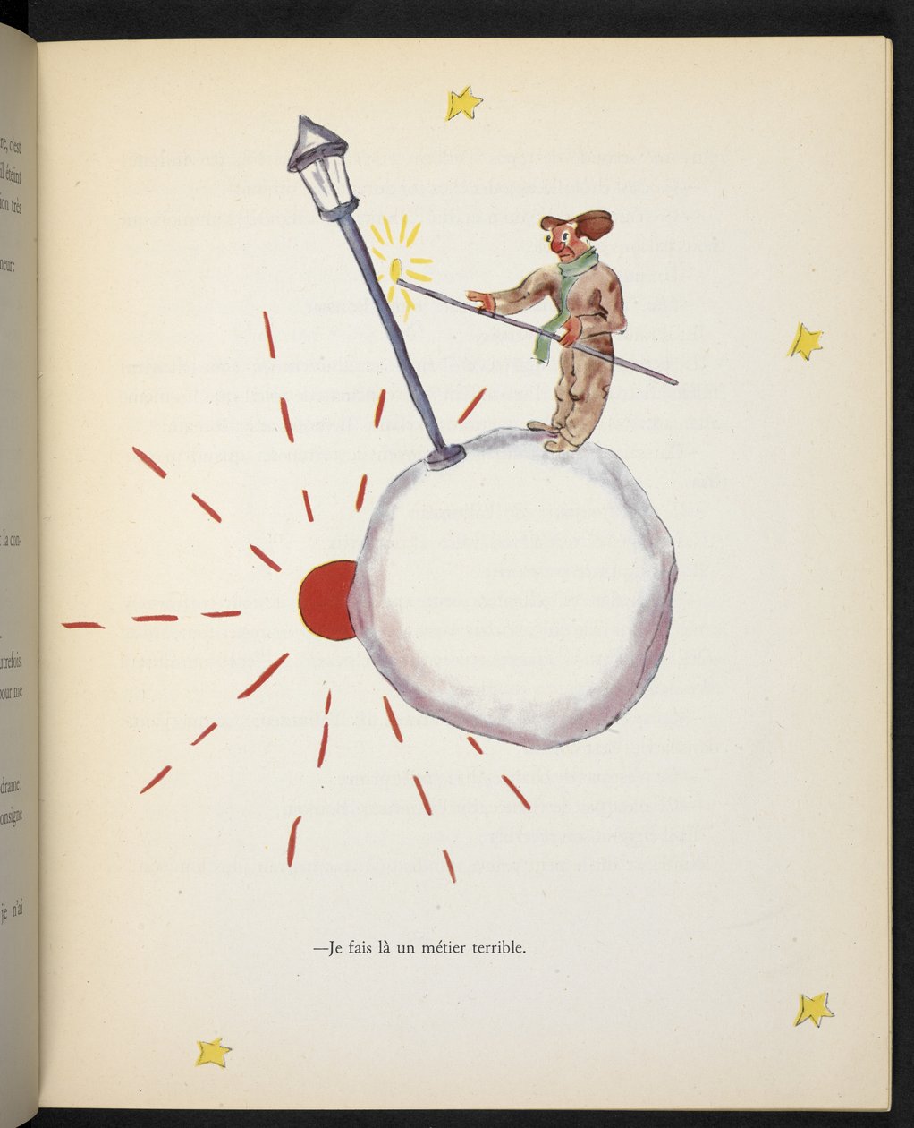 Szörnyű munkát végzek, a lámpagyújtogató illusztrációja Antoine de Saint-Exupéry "Le Petit Prince" című művéből. alkotó: Antoine de Saint Exupery