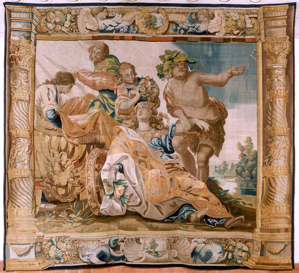 Flamand kárpit. sorozat Thészeusz története. Bacchus feleségül veszi Ariadnét (Baco toma a Ariadna por esposa). Kilencedik kárpit a sorozatban. Anthonis Sallaert modell. Gyártás Jan Raes the Younger, Brüsszel. 1630 körül; Szövet Selyem és gyapjú. Mérete 39 alkotó: Antoine or Anthonis Sallaert