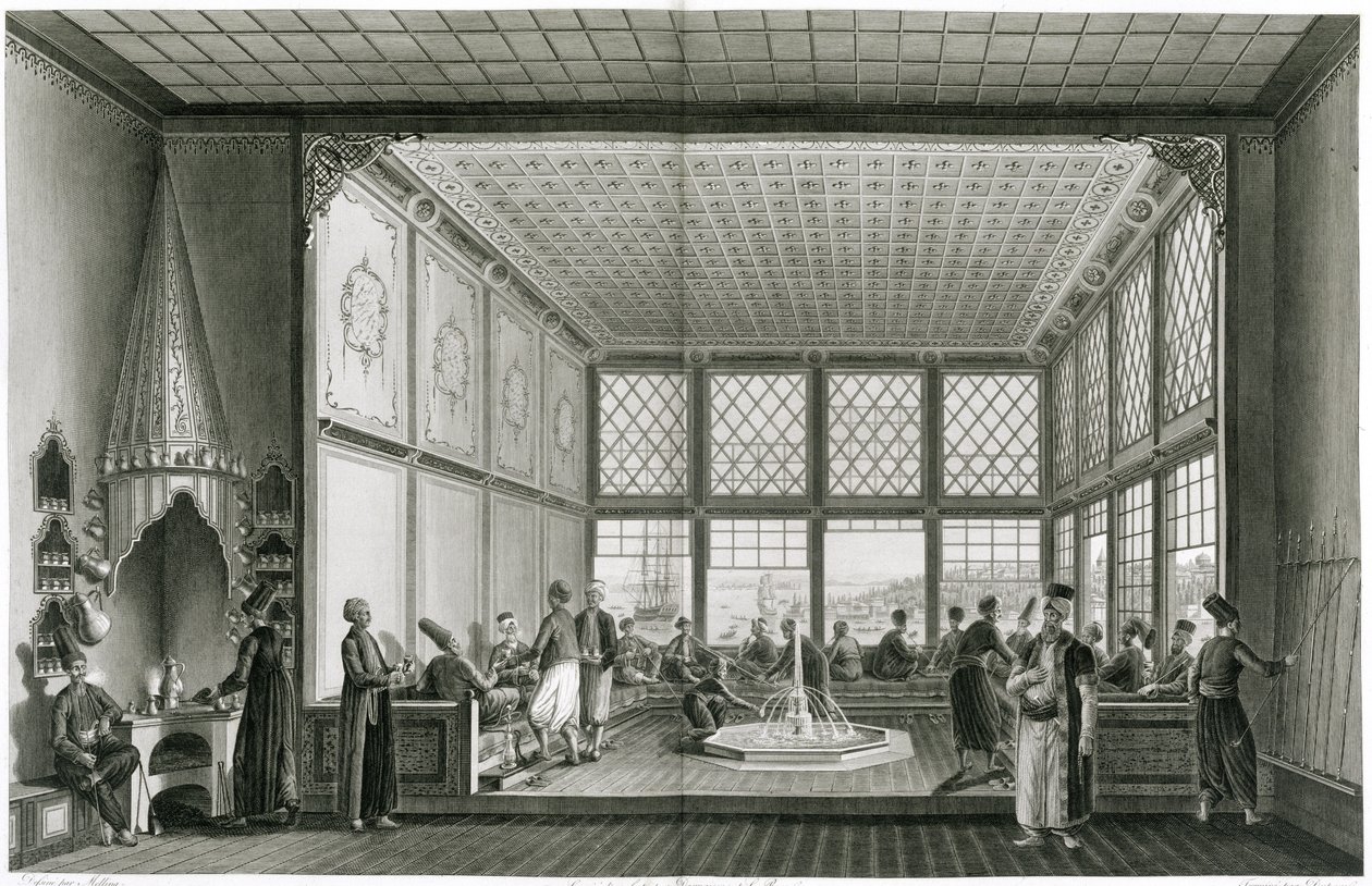 Egy nyilvános kávézó belseje Konstantinápolyban a Boszporusz mellett, 1819 alkotó: Anton Ignaz Melling