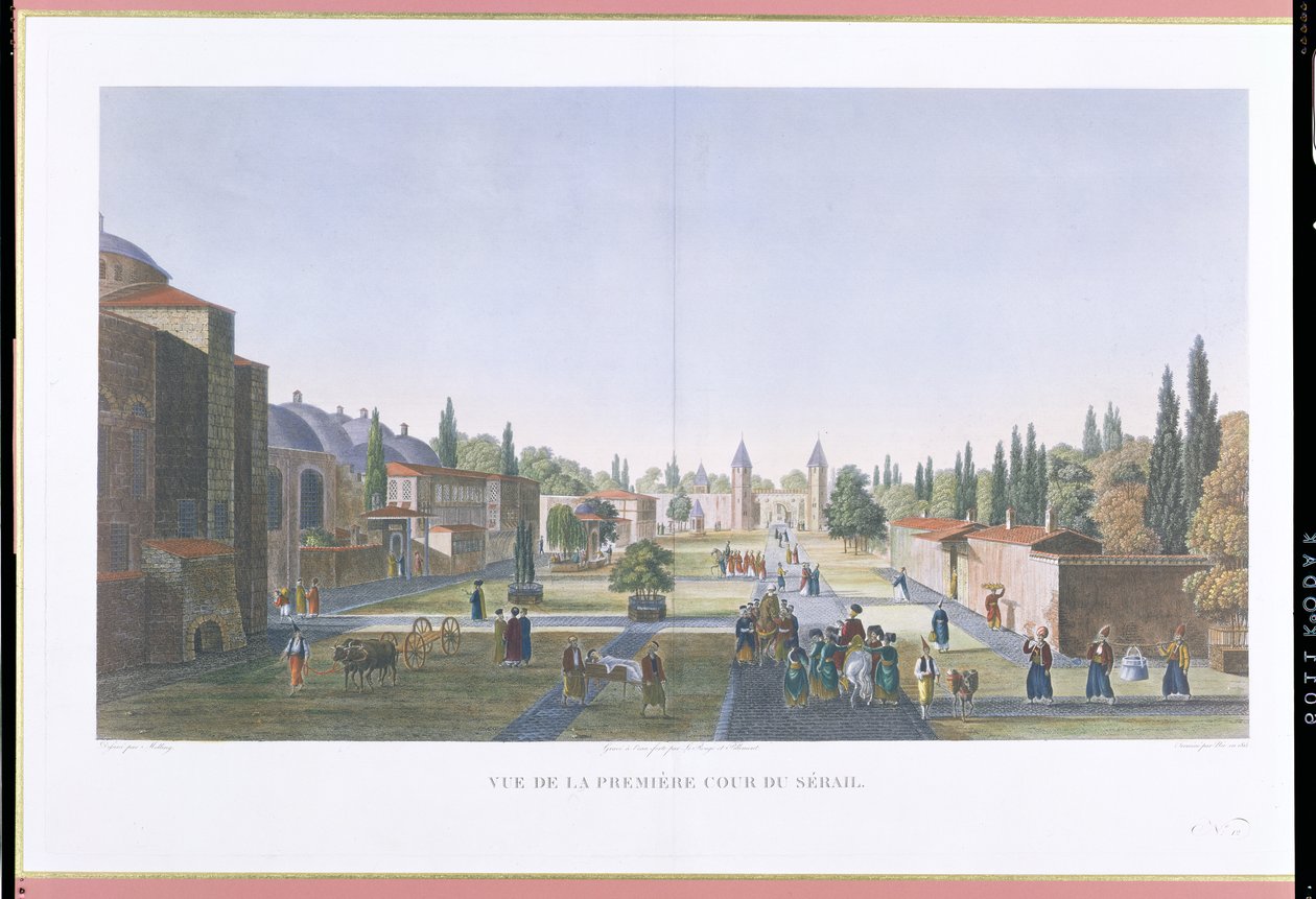 Kilátás a Szeráj külső udvarára, a Topkapi palotára, Konstantinápolyban, Jean Nicolas Le Rouge és Jean Baptiste Pillement metszetében, 1815 (akvatinta) alkotó: Anton Ignaz Melling