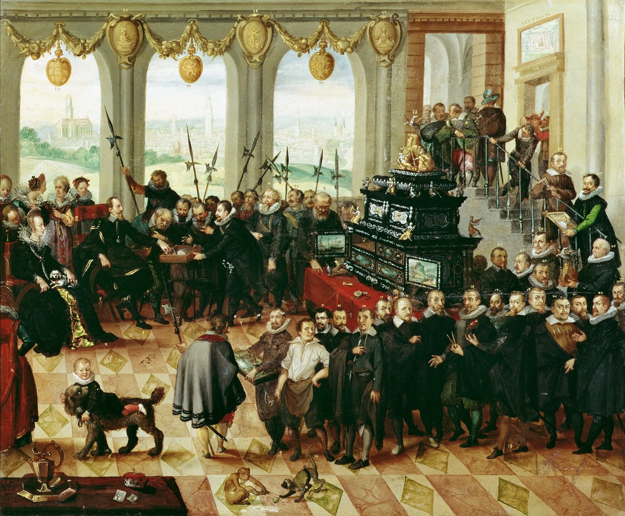 A pomerániai Kunstschrank bemutatása II. Fülöp pomerániai-stettini hercegnek (1606-1818) 1617-ben (panel) alkotó: Anton Mozart