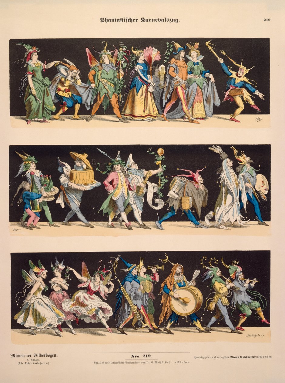 Egy fantáziadús farsangi felvonulás, a Muenchener Bilderbogenből, kiadó: Braun & Schneider, München, 1868. alkotó: Anton Muttenthaler