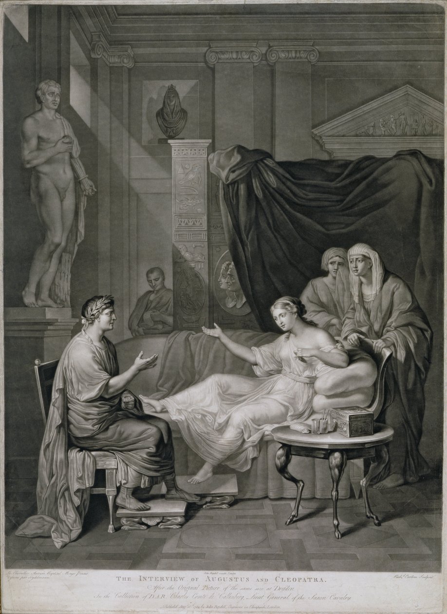 Augustus és Kleopátra interjúja, Richard Earlom (1743-1822) metszete, megjelent 1784-ben. alkotó: Anton Raphael Mengs