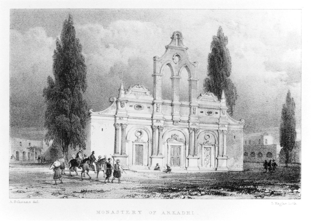 Arkadhi kolostor, Kréta, Pashley „Utazások Krétán” című művéből, vésette: Louis Haghe (1806-85) 1837 alkotó: Anton Schranz