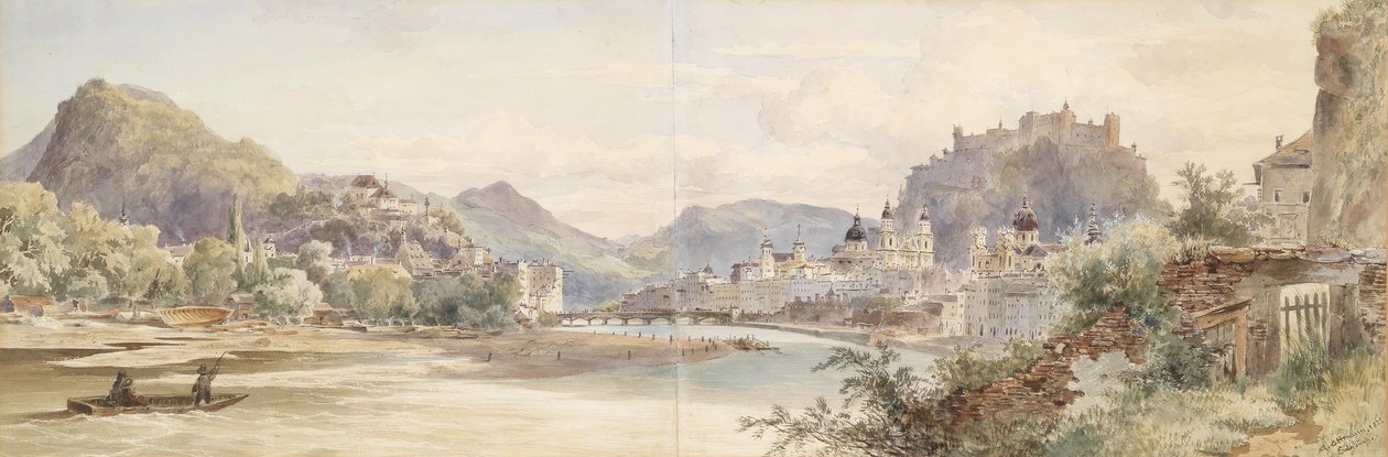Német: Salzburg városának panorámája a Hohensalzburgi várral alkotó: Anton Altmann