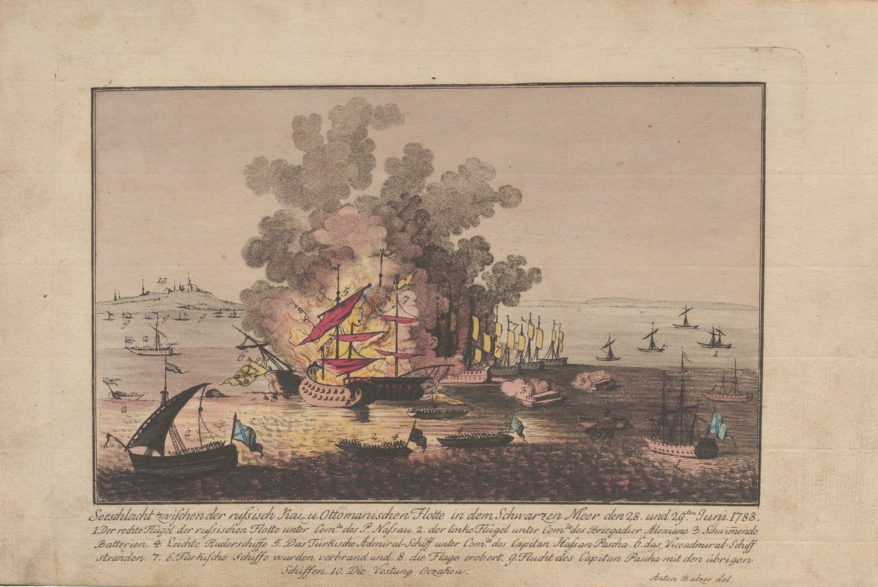 Tengerészeti csata az orosz és az oszmán flotta között a Fekete-tengeren 1788. június 28-án és 29-én. alkotó: Anton Balzer