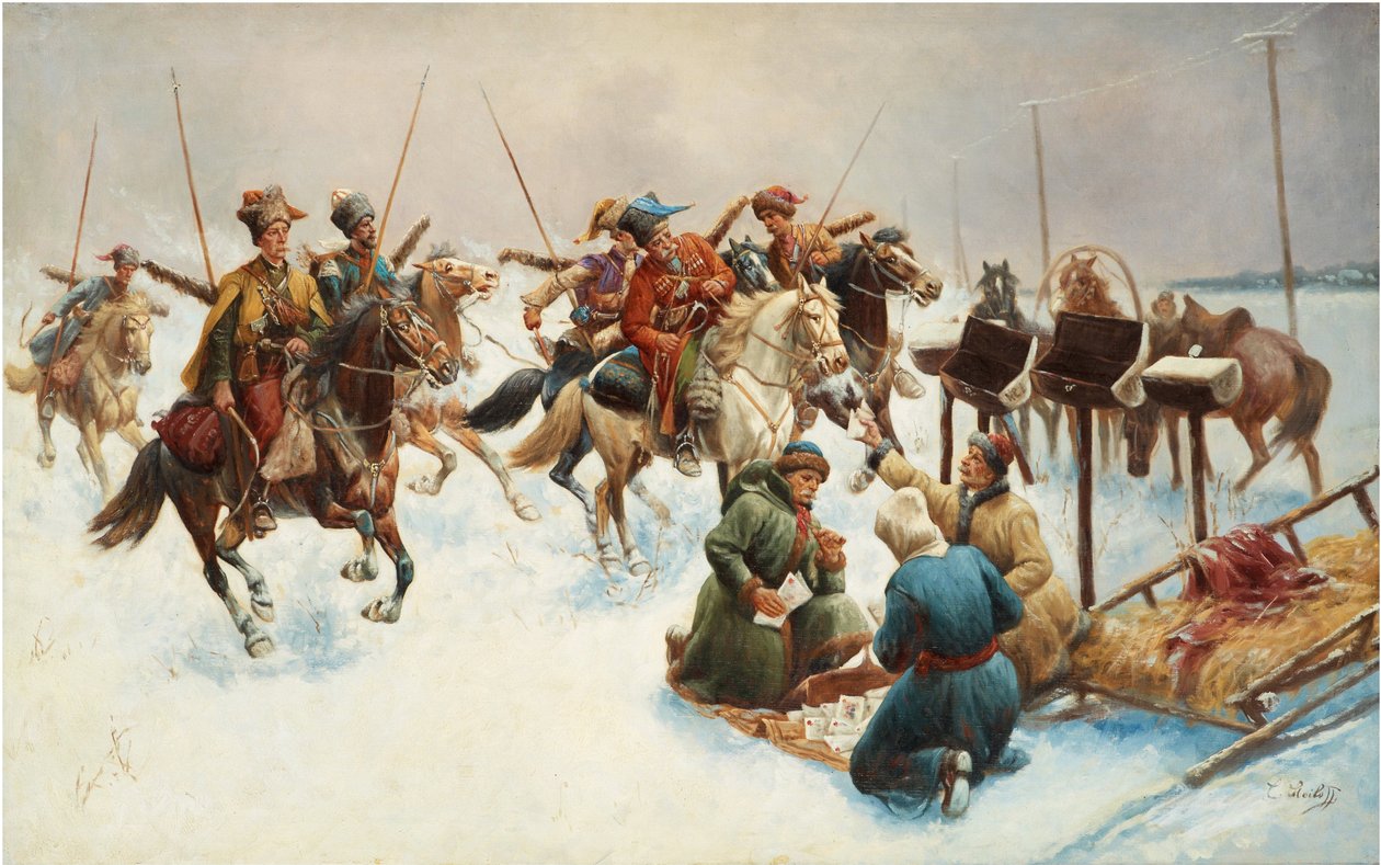 Téli táj kozákokkal (postai kézbesítés) - Adolf Baumgartner Stoiloff (Baumgartner-Stoiloff) festménye (1850-1924), olaj, vászon, 82x130 cm - Magángyűjtemény alkotó: Anton Baumgartner Stoiloff