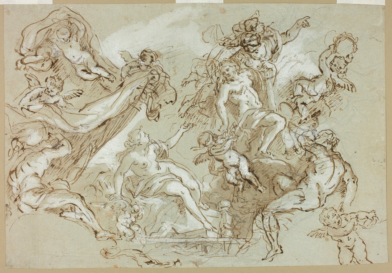Herkules apoteózisa (recto); Lófej, ló mellső negyedek és oltárkép vagy cibórium vázlatai (verso). alkotó: Anton Domenico Gabbiani
