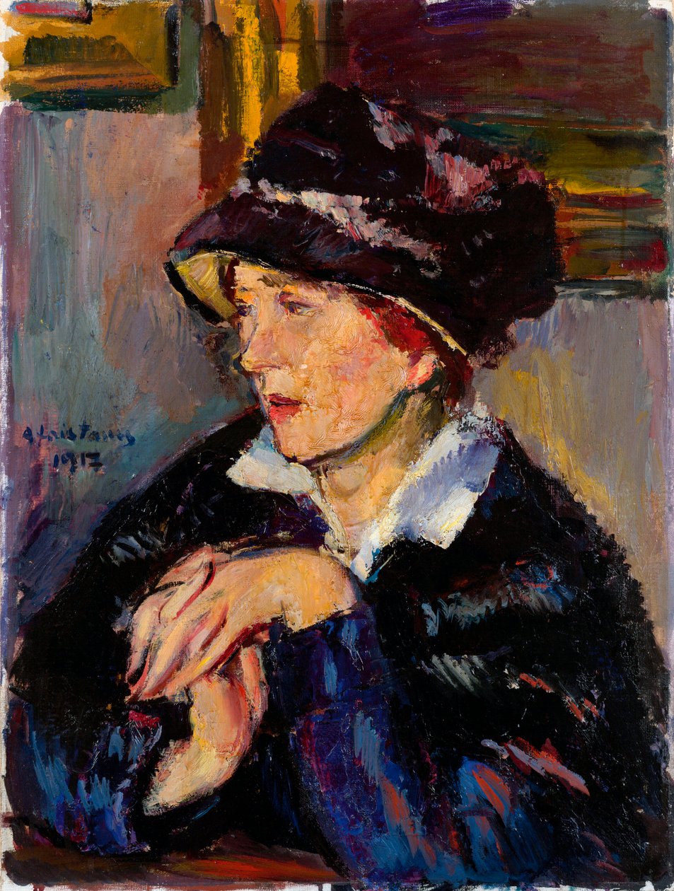 Nő sötét kalapban – Anton Faistauer (1887-1930) olaj, vászon festménye alkotó: Anton Faistauer