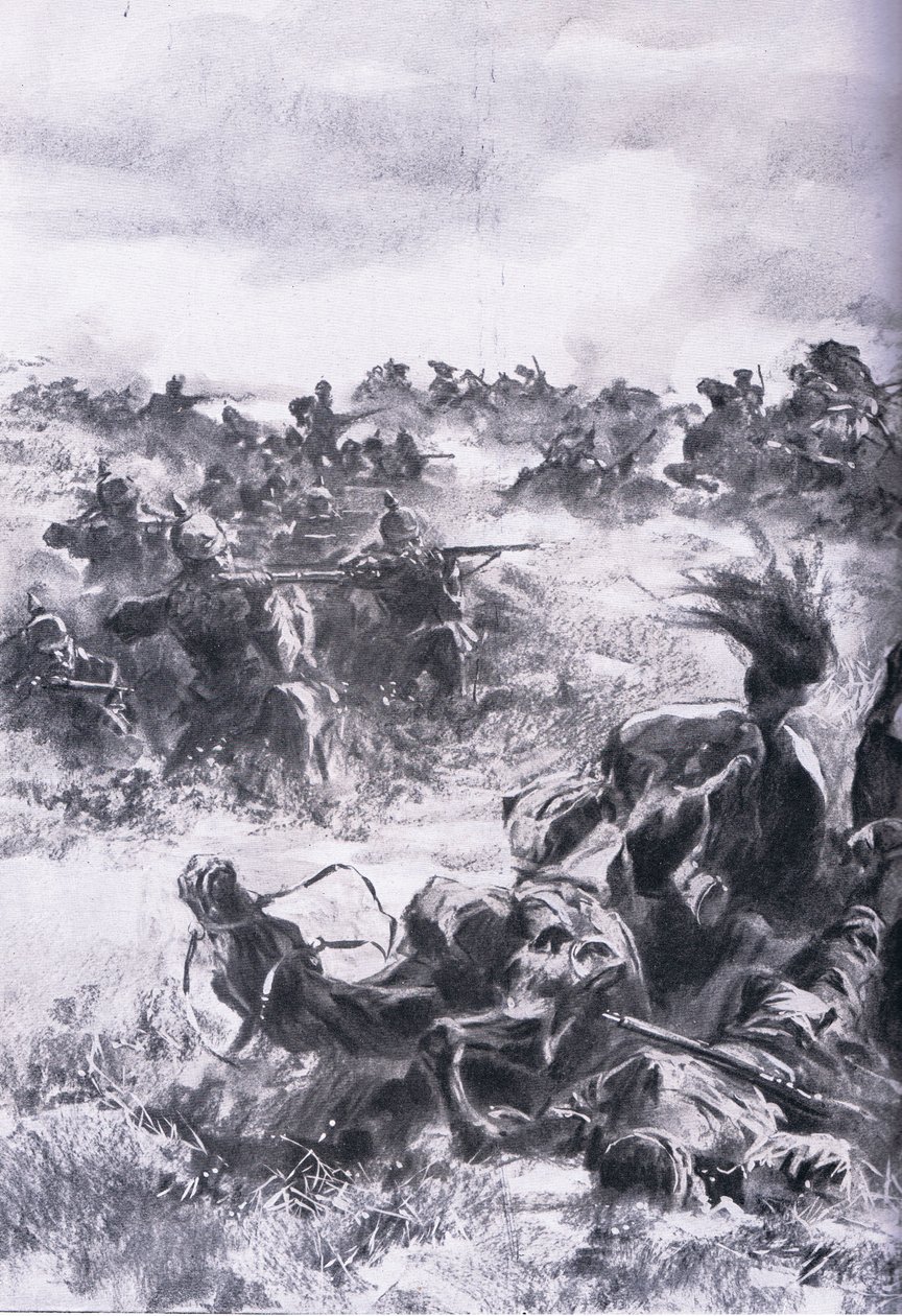 A 14. orosz lovasdandár veresége Praszysznál, a The Illustrated History of the World War 1914-1915 pub. az Union Berlagsefellfchaft alkotó: Anton Hoffman