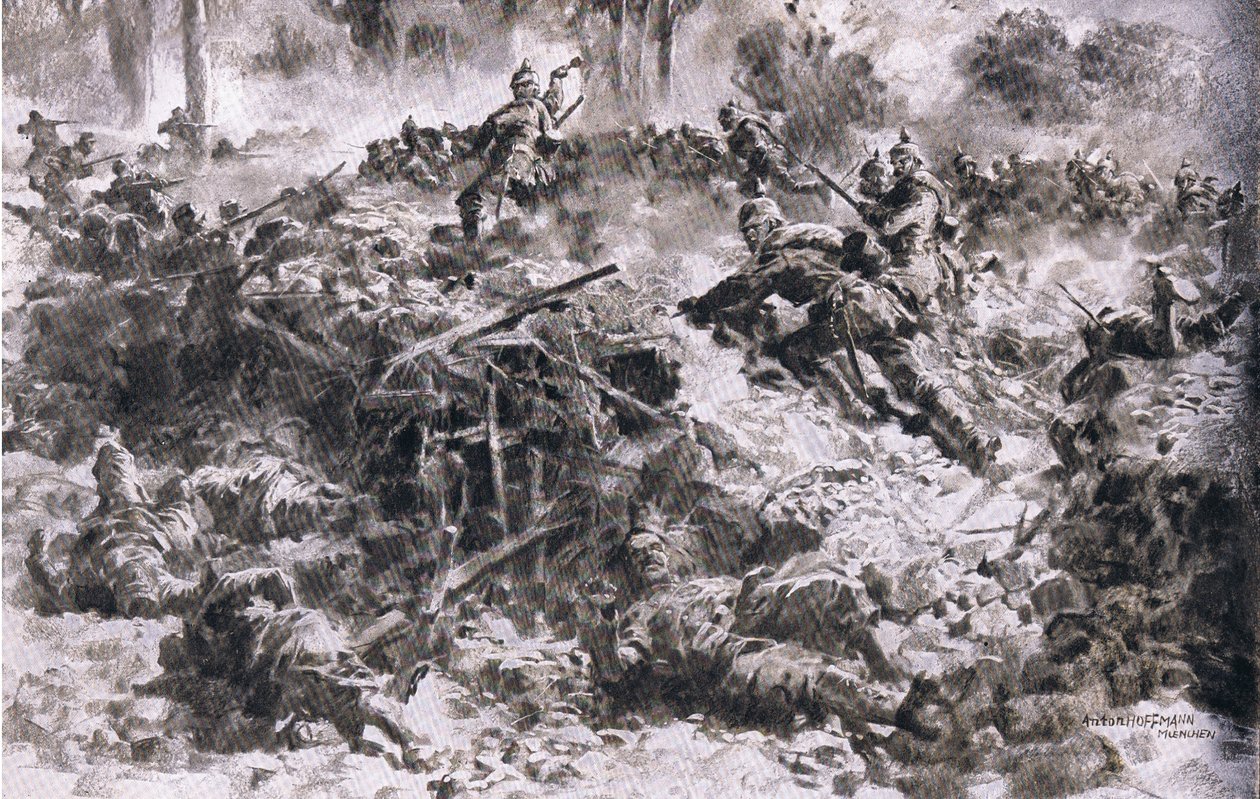 A Württemberg King Grenadiers áttör az ellenséges elhelyezéseken az Argonnes-ban, a The Illustrated History of the World War 1914-1915 pubból. az Union Berlagsefellfchaft alkotó: Anton Hoffman
