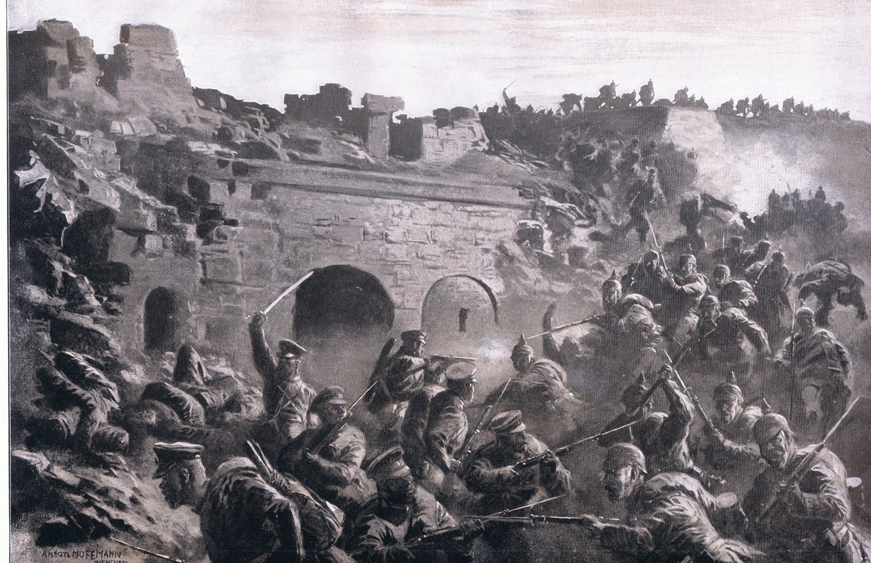 Egy erőd megrohamozása Kavnóban, a The Illustrated History of the World War 1914-1915 pubból. az Union Berlagsefellfchaft alkotó: Anton Hoffman