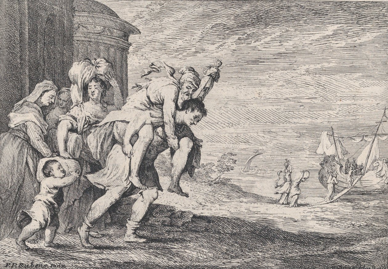 Aeneas menekül Trójából, balra egy hat alakból álló csoport hagyja el a várost, Aeneas viszi..., 1728. alkotó: Anton Joseph von Prenner