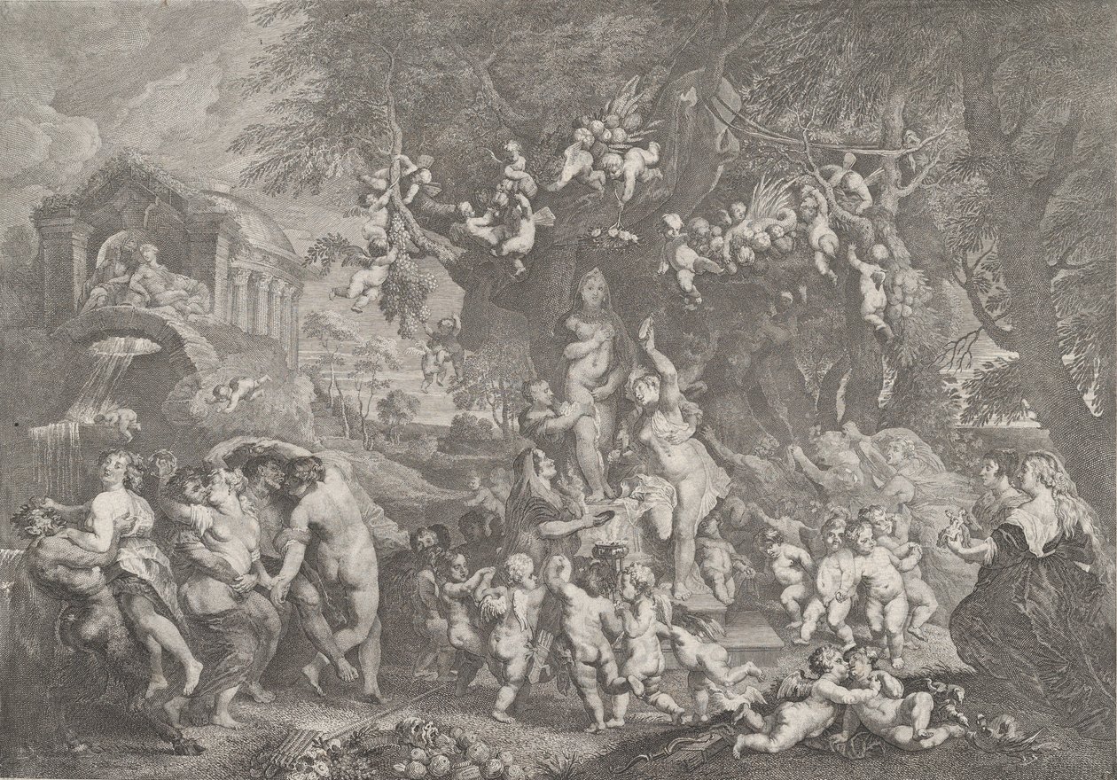 Vénusz ünnepe, szatírok, nimfák és puttik táncoló csoportjai Ve... szobra körül, 1732. alkotó: Anton Joseph von Prenner