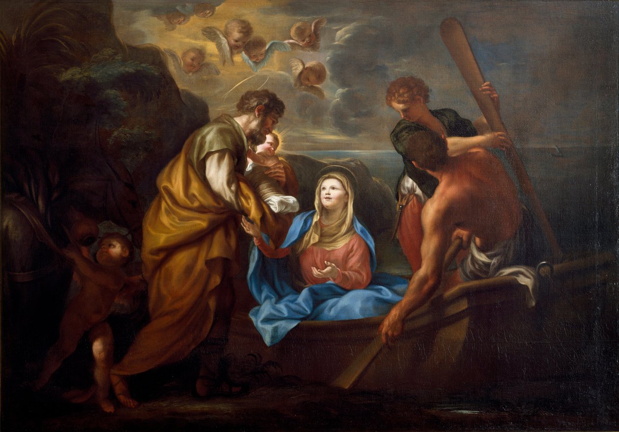 Repülés Egyiptomba A szent család hajóra száll. Anton Maria Piola (1654-1715) Collezione Banca Carige Genes festménye alkotó: Anton Maria Piola