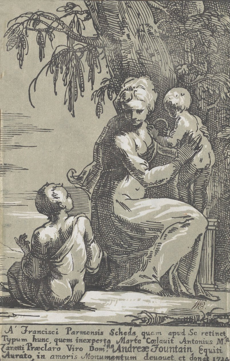 Egy nő áll a fa tövében, csecsemőt tart, ülő fiúval, 1724. alkotó: Anton Maria Zanetti