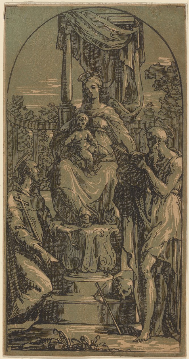 Madonna és a trónoló gyermek, Szent Jeromos és Szent Ferenc alkotó: Anton Maria Zanetti I, after Parmigianino