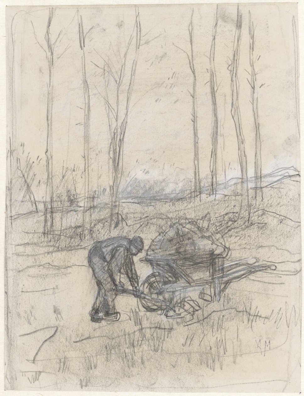 Farmer dolgozik egy talicskával az erdőben alkotó: Anton Mauve