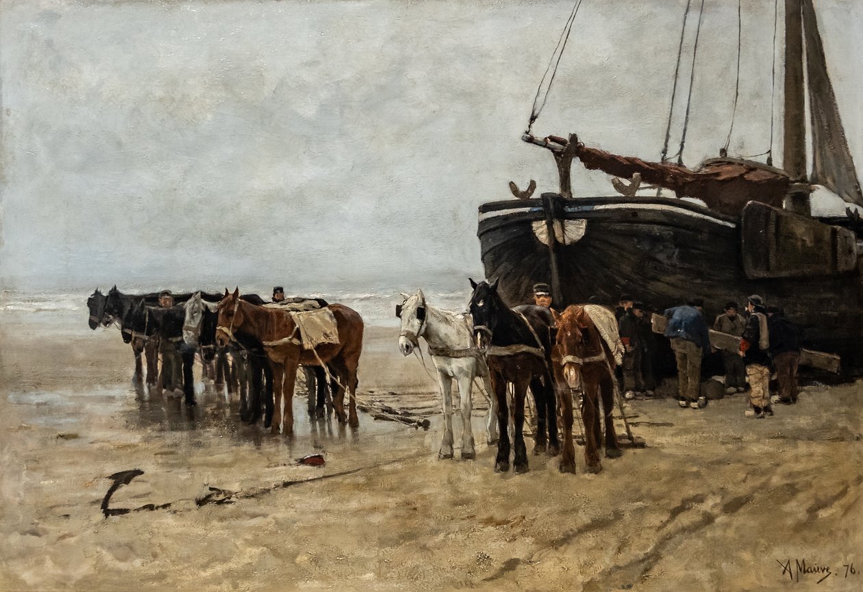 Holland: Bomschuit vontató lovakkal a scheveningeni strandon Halászhajó vontató lovakkal a scheveningeni strandon alkotó: Anton Mauve