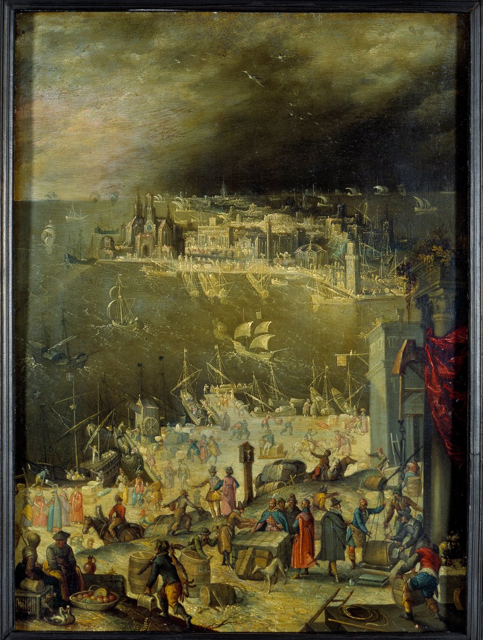 Tengeri kikötő kilátása Kereskedelmi tevékenységek, árukirakodás, tranzakciók ábrázolása a kikötő dokkjain. Anton Mozartnak (1573-1625) tulajdonított festmény, Sun. 0,3x0,22 m Párizs, Louvre Múzeum alkotó: Anton Mozart