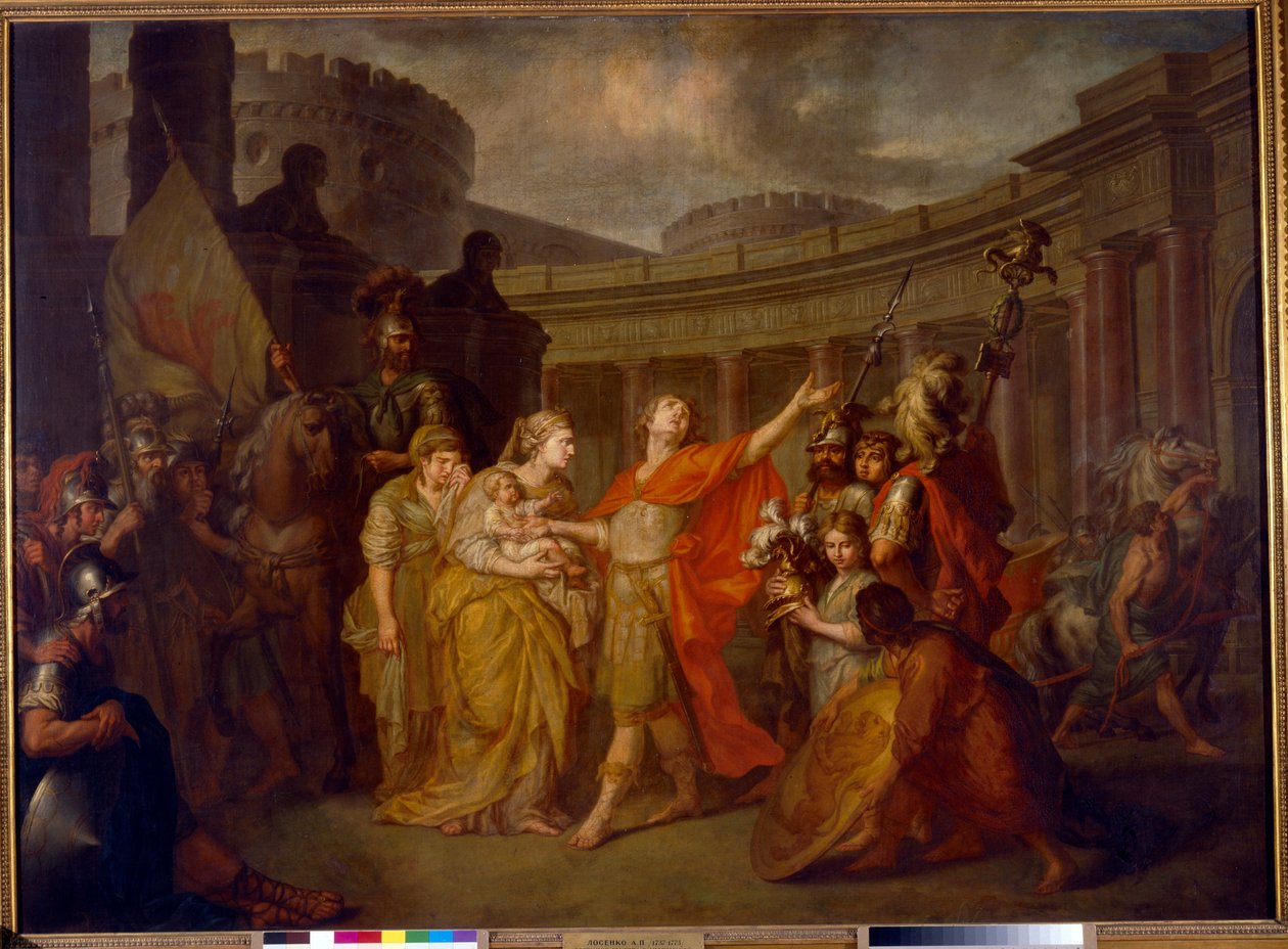 Hektor és Andromache búcsúja: indul a trójai háborúba Hector elhagyja feleségét és fiát, Astyanaxot (Hektor búcsúja Andromache-tól) – Anton Pavlovich Losenko (1737-1773) olajfestménye alkotó: Anton Pavlovich Losenko