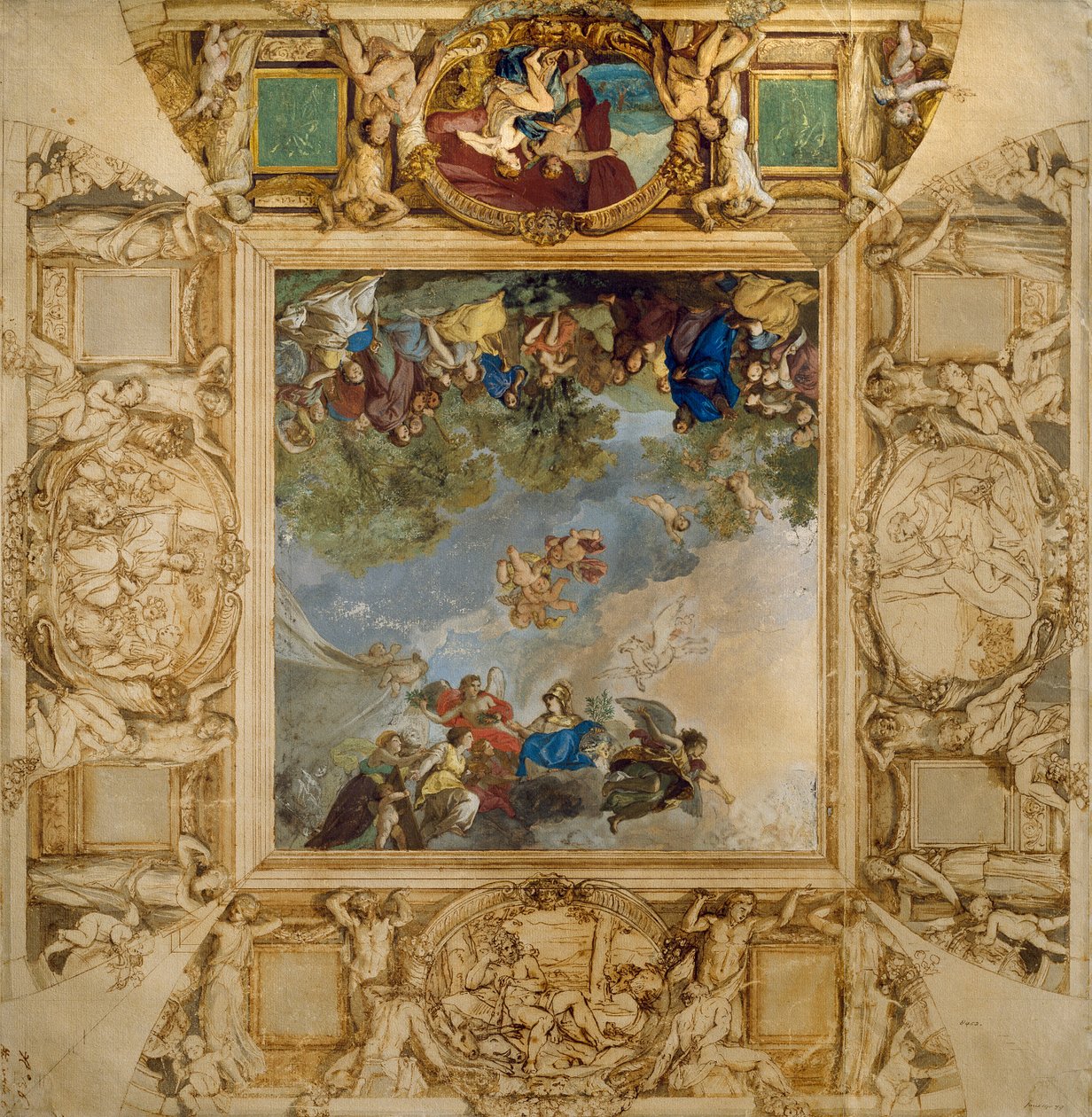 Apolló és Athéné megjutalmazza a tehetségeket és a Minervát, kariatidákkal és Marsot, Vénuszt, Herkulest és Kibelét ábrázoló medalionokkal, Anton Raphael Mengs alkotó: Anton Raphael Mengs