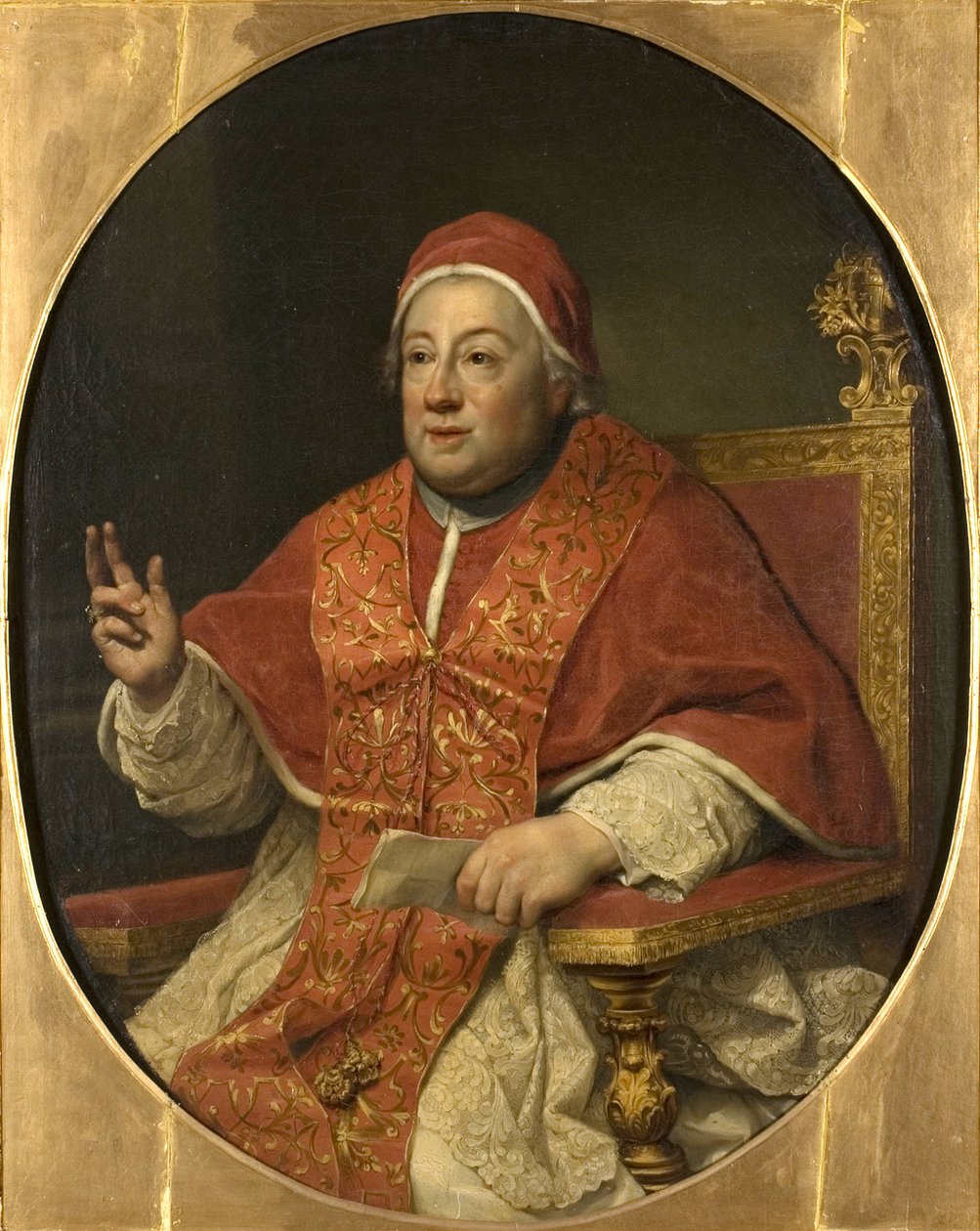 Le pape Clement XIII – XIII. Kelemen pápa (1693-1769) portréja, készítette Mengs, Anton Raphael (1728-1779). Olajfestmény. Mérete: 114x95 cm. Nemzeti Múzeum Stockholm alkotó: Anton Raphael Mengs