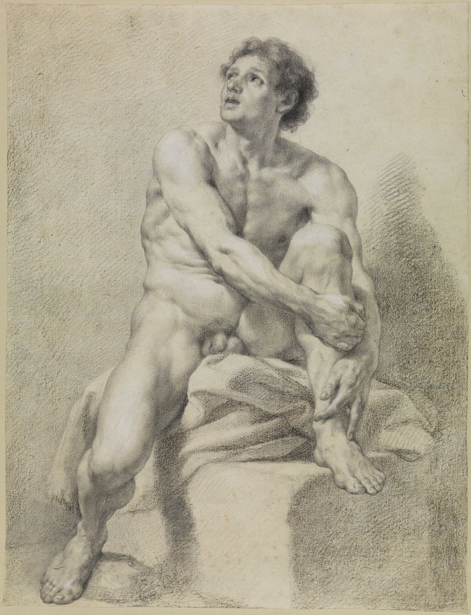 Ülő férfi akt, nagyjából elölnézetben, a bal lábát felemelve, mindkét kezével megtámasztva alkotó: Anton Raphael Mengs