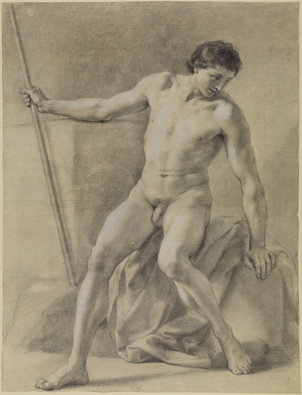 Ülő férfi akt, majdnem szemből, bottal a jobb kezében, lefelé tekintve alkotó: Anton Raphael Mengs
