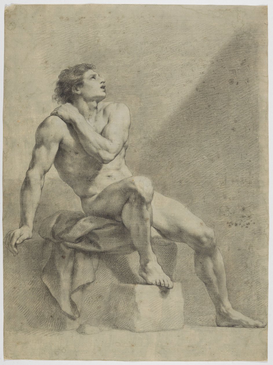 Ülő férfiakt, ferdén jobbra, felfelé tekintve alkotó: Anton Raphael Mengs