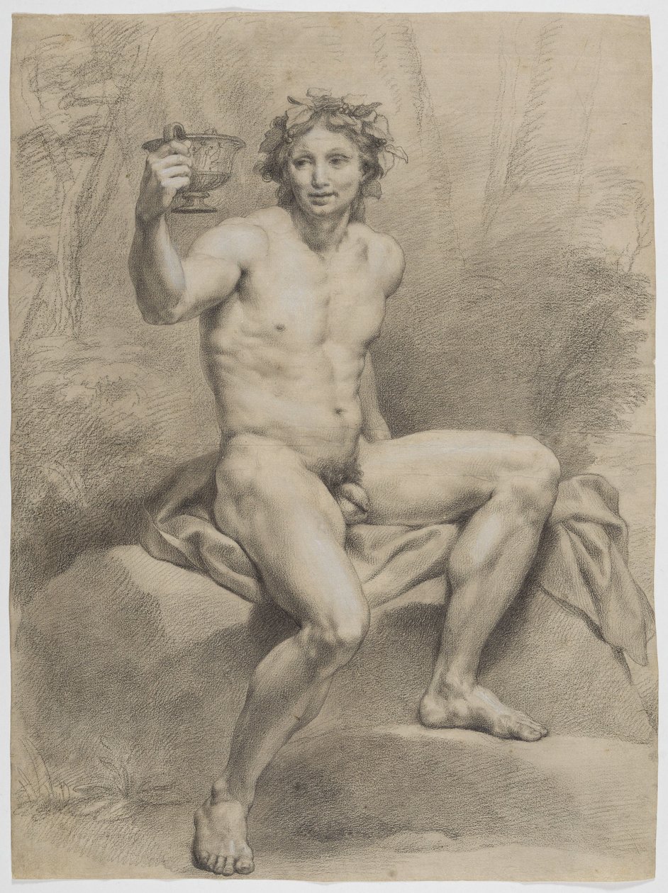 Ülő férfi akt, ferdén jobbra fordulva, szőlőlevélkoszorúval és ivócsészével a jobb kezében alkotó: Anton Raphael Mengs