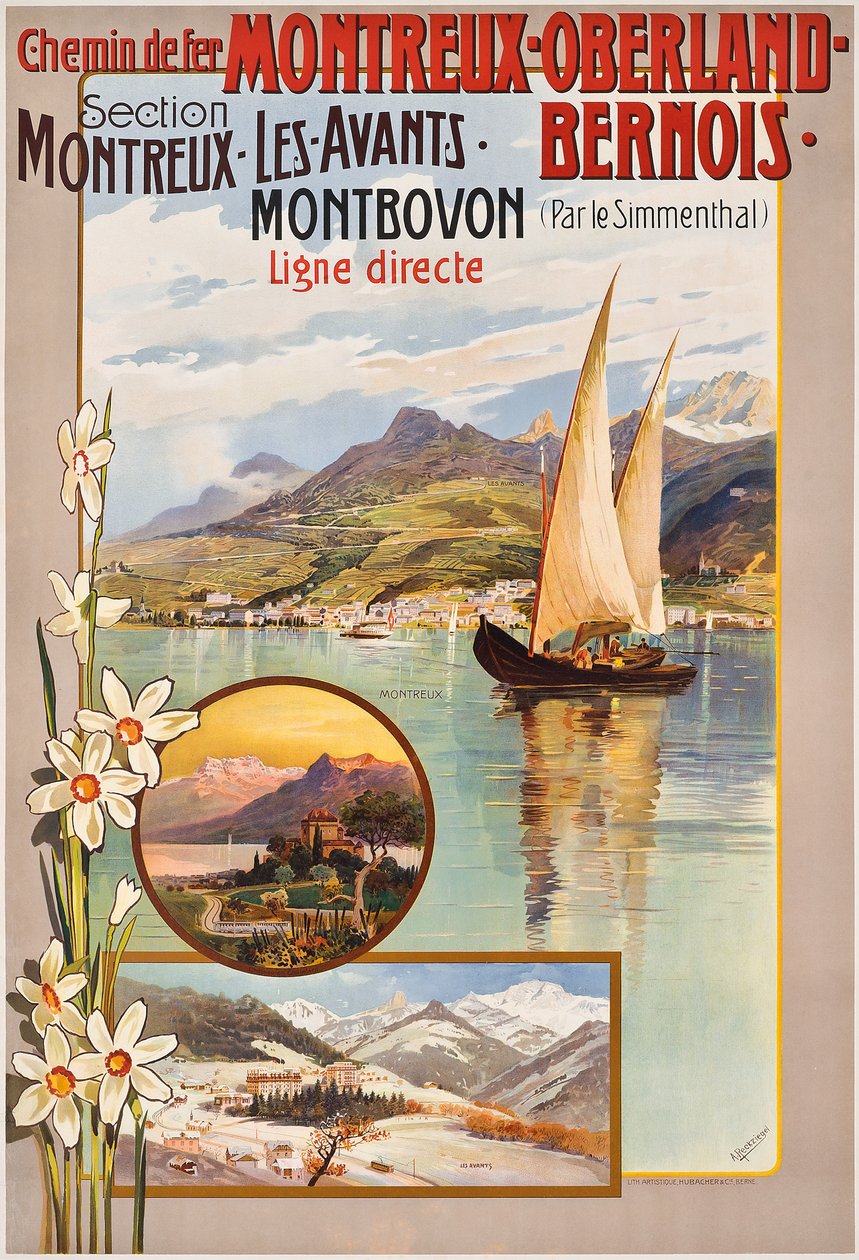 Montreux-Oberland-Bernois vonatutakat reklámozó plakát, c. 1910 (színes litó) alkotó: Anton Reckziegel
