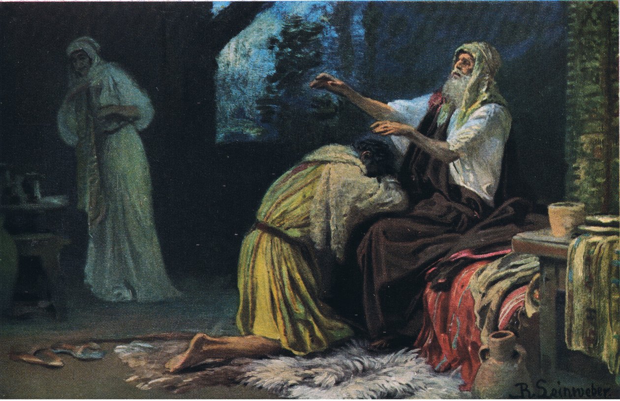 Izsák megáldja Jacobot a The John Winston Company által kiadott Hulberts Story of the Bible-ből, 1932 alkotó: Anton Robert Leinweber