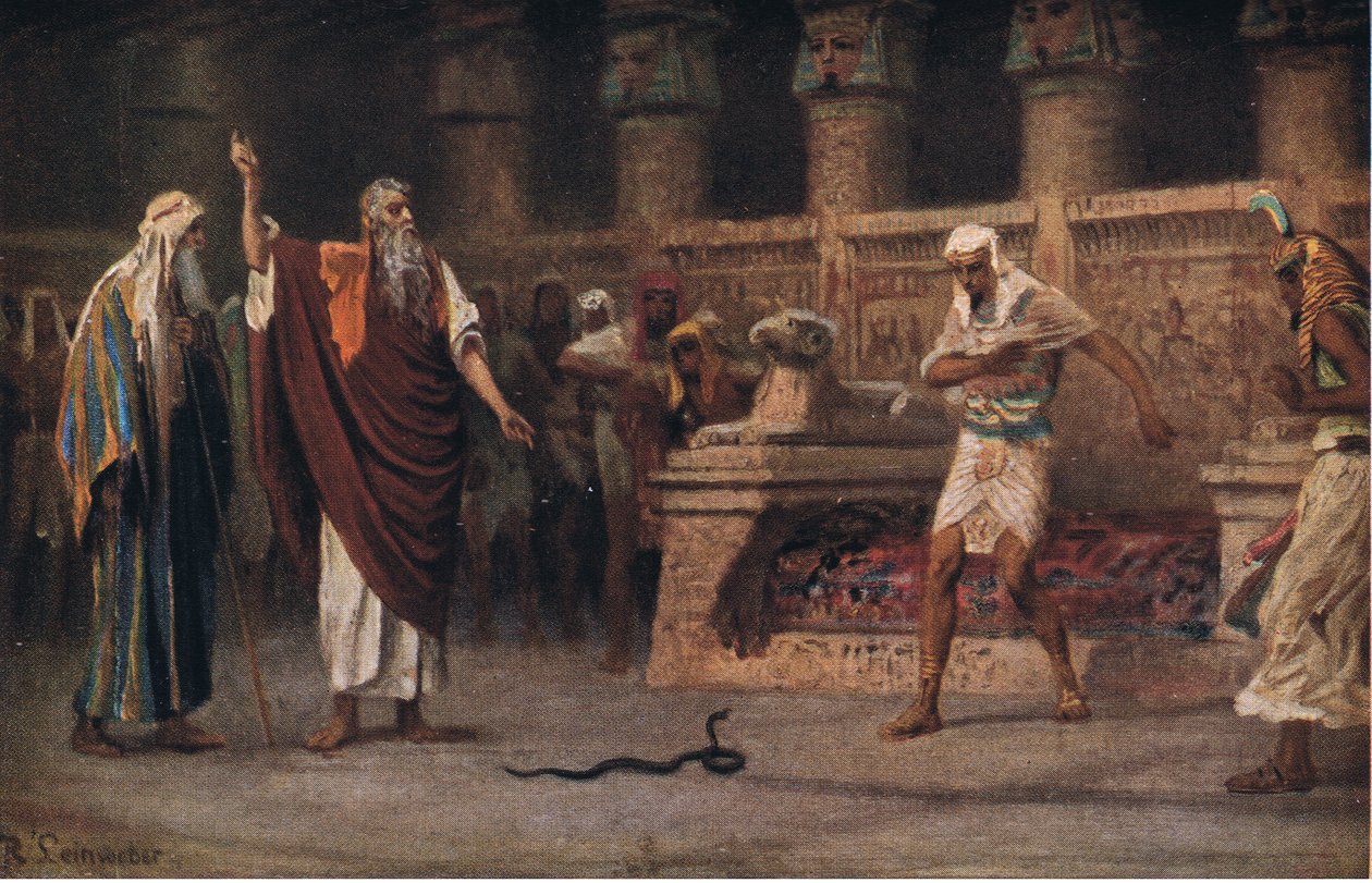 Mózes és Áron a fáraó előtt, a The John Winston Company által kiadott Hulberts Story of the Bible-ből, 1932 alkotó: Anton Robert Leinweber