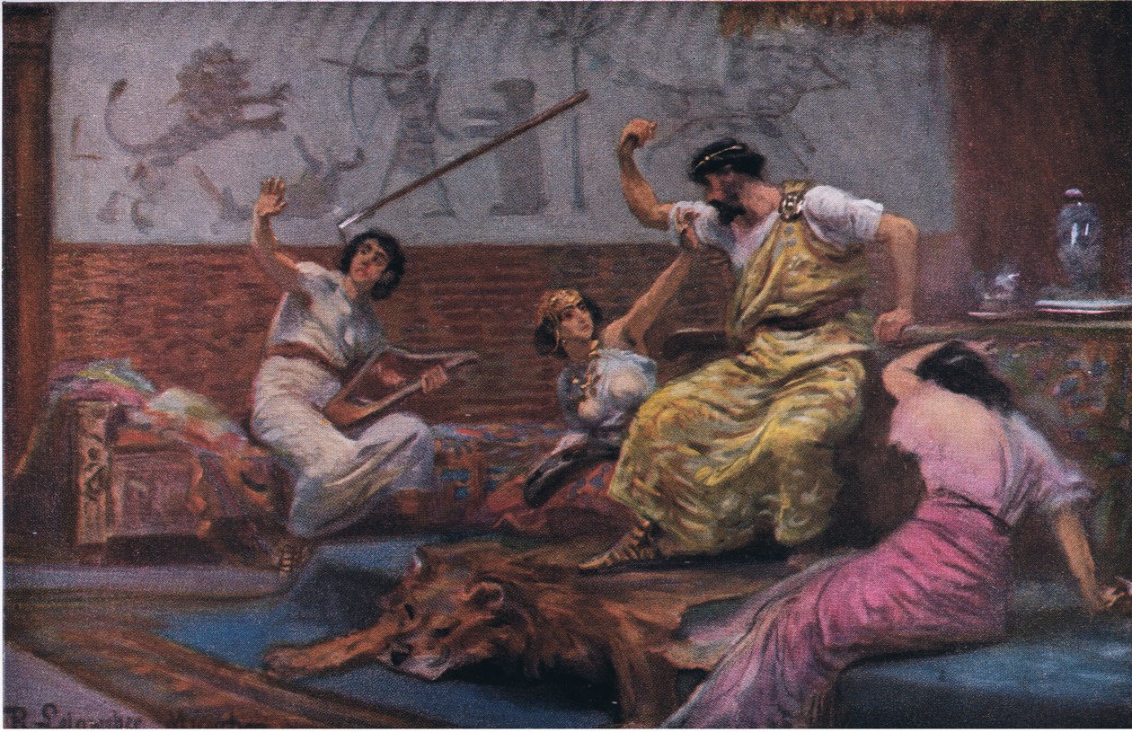 Saul Dávidra veti a gerelyét, a The John Winston Company által kiadott Hulberts Story of the Bible-ből, 1932 alkotó: Anton Robert Leinweber