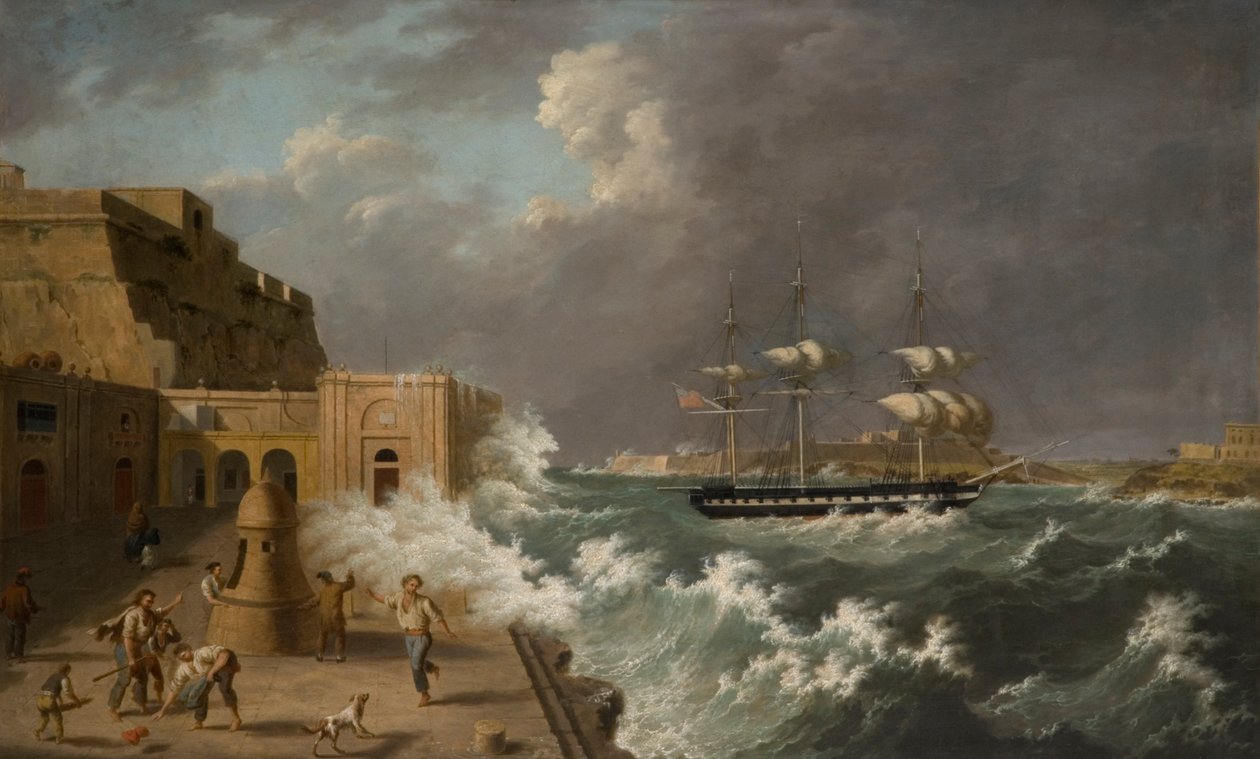 Harbour Scene, Málta (olaj a kártyán) alkotó: Anton Schranz