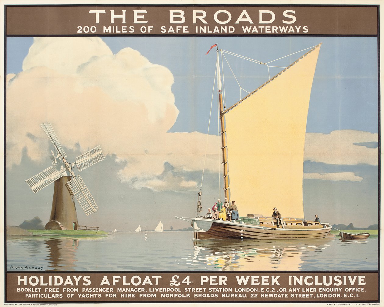 The Broads: Holidays Afloat”, egy reklámplakát (színes litográfia) alkotó: Anton Van Anrooy